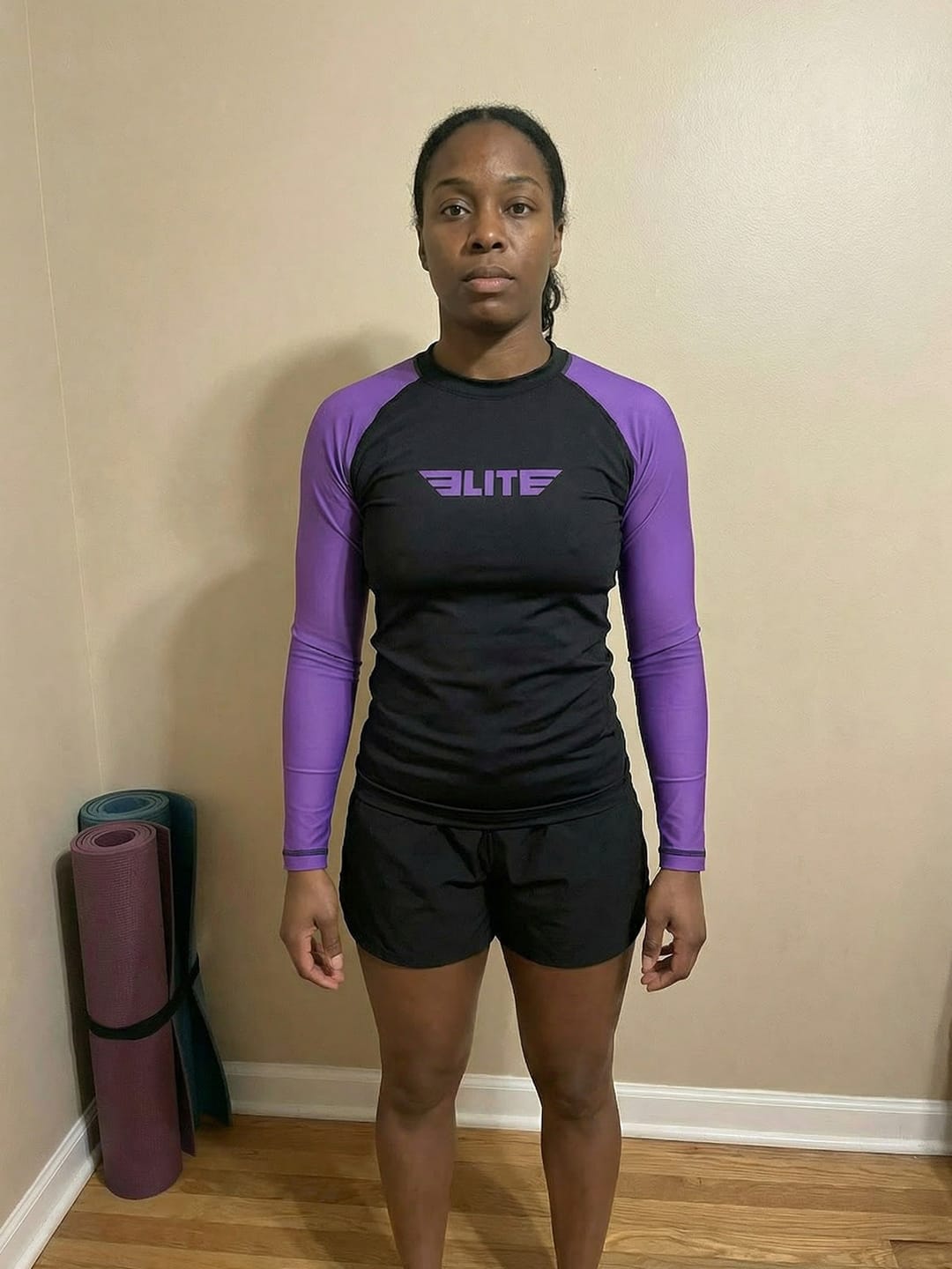 Customer photo review of Standard Purple Long Sleeve No-Gi Womens BJJ Rash Guard
