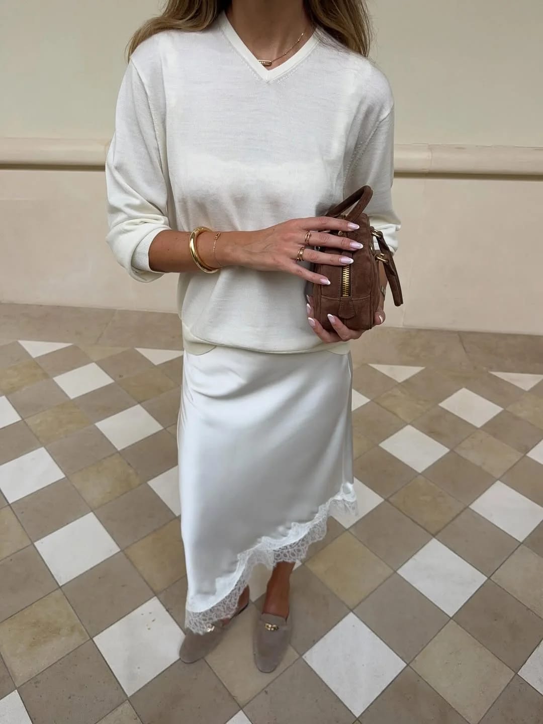Customer photo review of Leizel Asymmetric Satin Midi Skirt