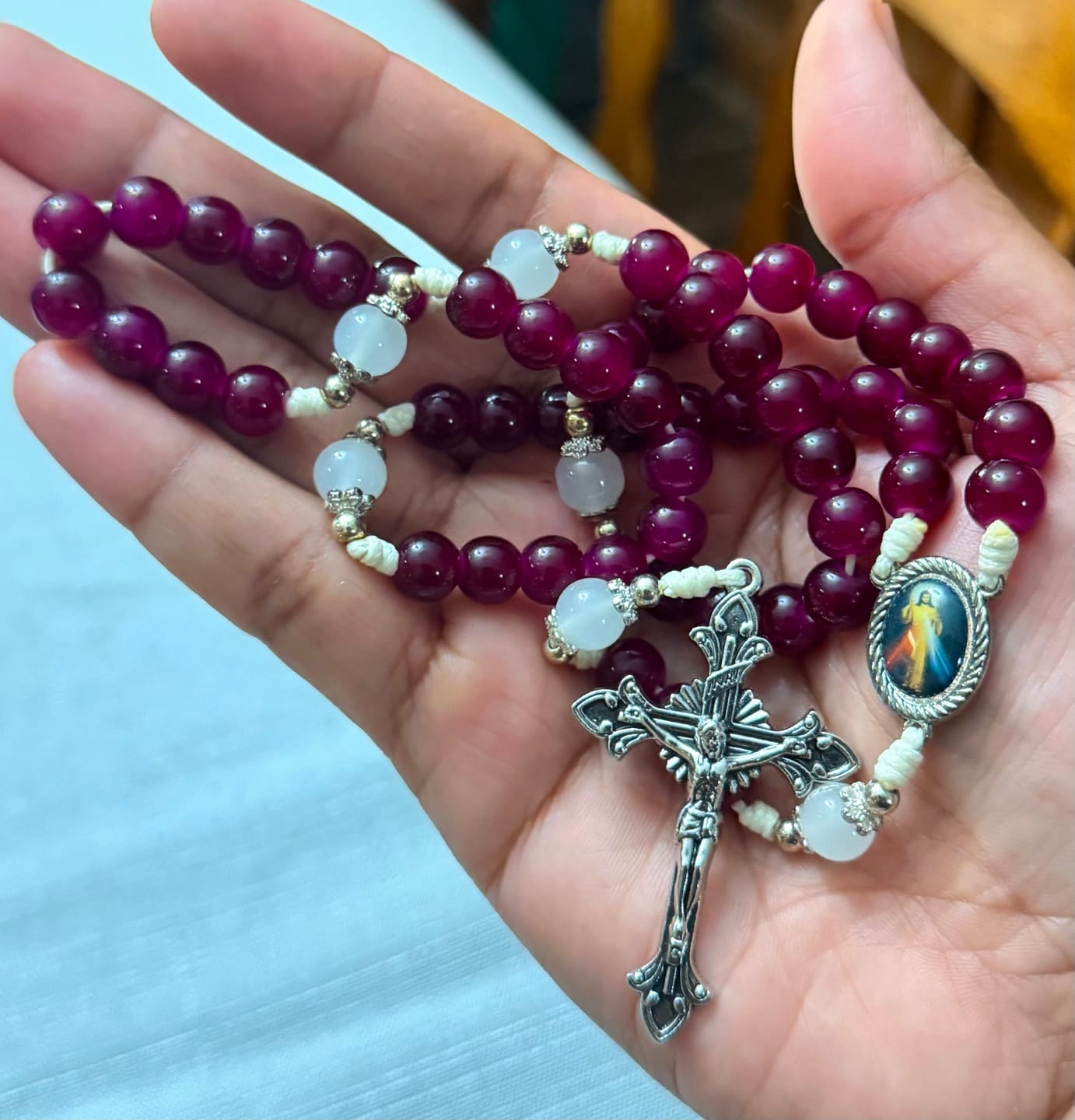 Customer photo review of Christianartworkshop Divine Mercy & Crucifix of 8mm Garnet Chalcedony Rosary - Handmade Divine Beads