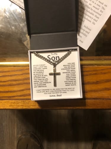 Customer's Artisan Cross on Cuban Link Chain shown inside its 'To My Son' message card gift box.