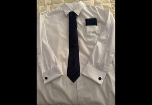 Customer photo review of Royal Blue Striped Men's Tie Pocket Square Cufflinks Set