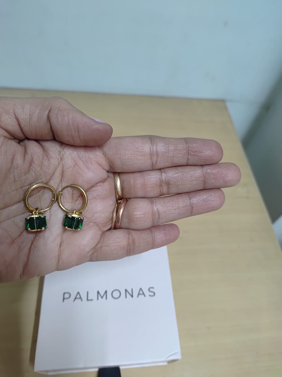 Customer photo review of Emerald Drop Hoop Earrings