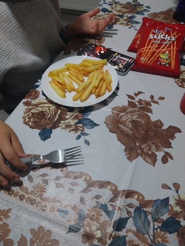 Farfuria unui client cu cartofi prăjiți aurii, gătiți la friteuza Air Fryer Novio StonePro.