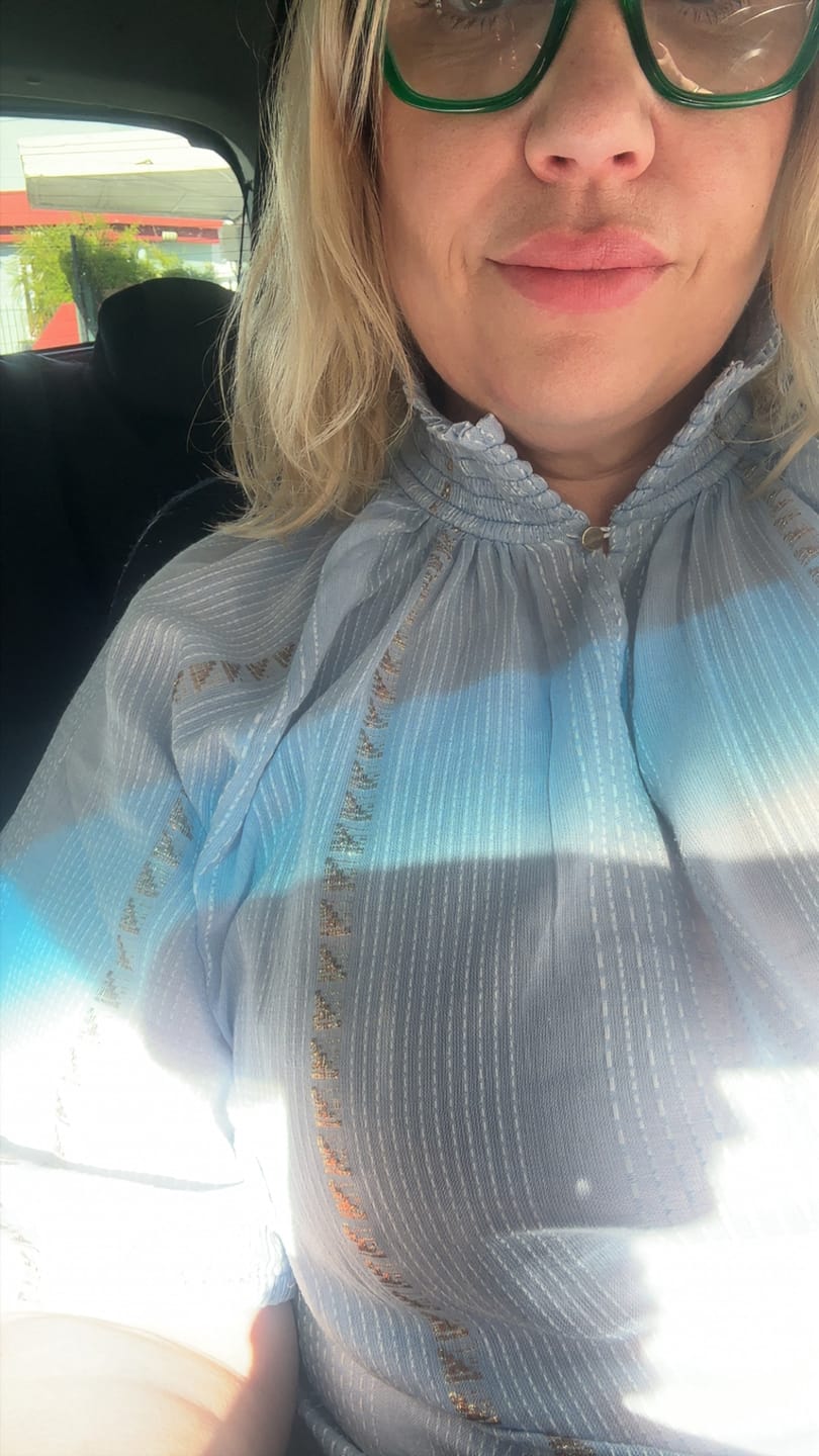 Customer photo review of Dylan Blouse | Sun woven stitch | sky blue