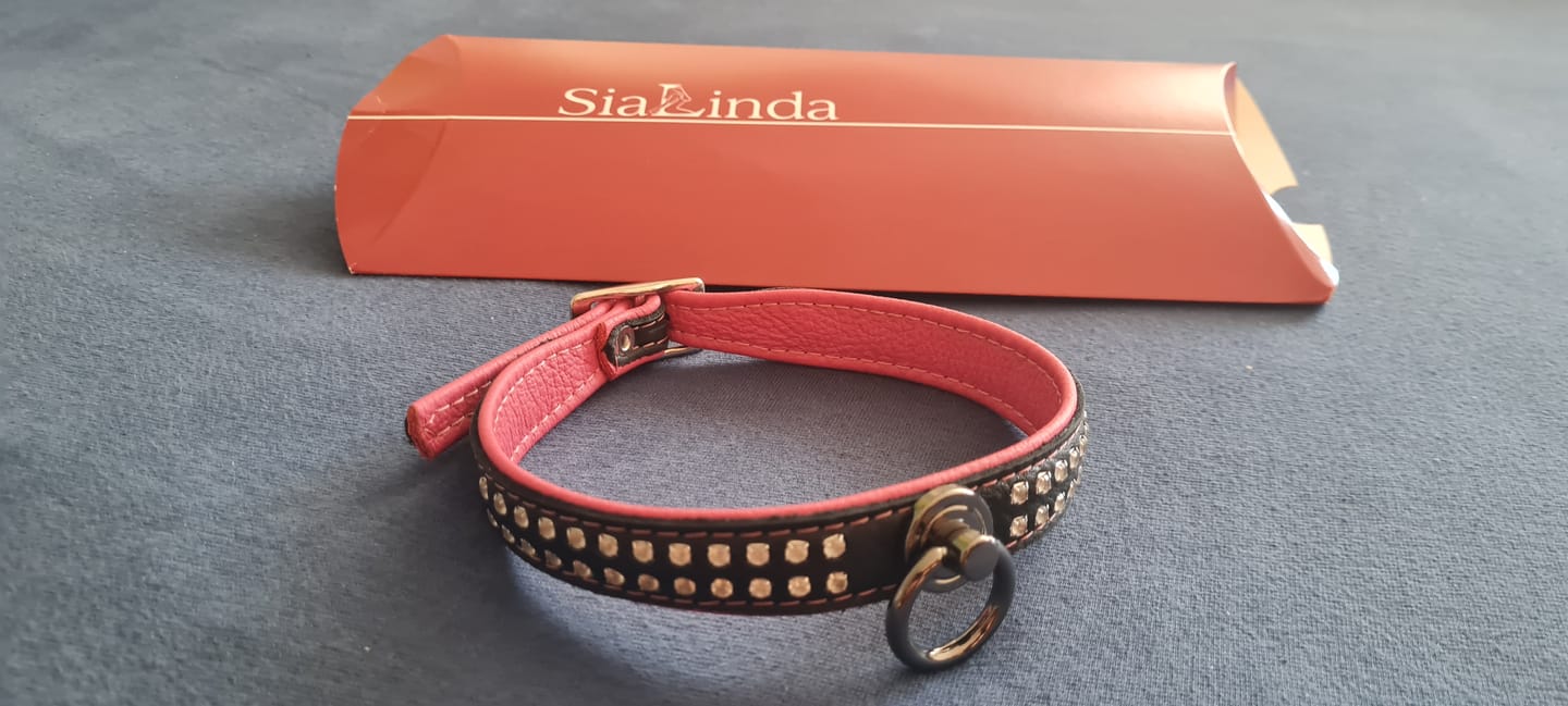 Customer photo review of SiaLinda: Halsband echtes Elch Leder mit Strass pink schwarz, gr. O-Ring, 20mm breit