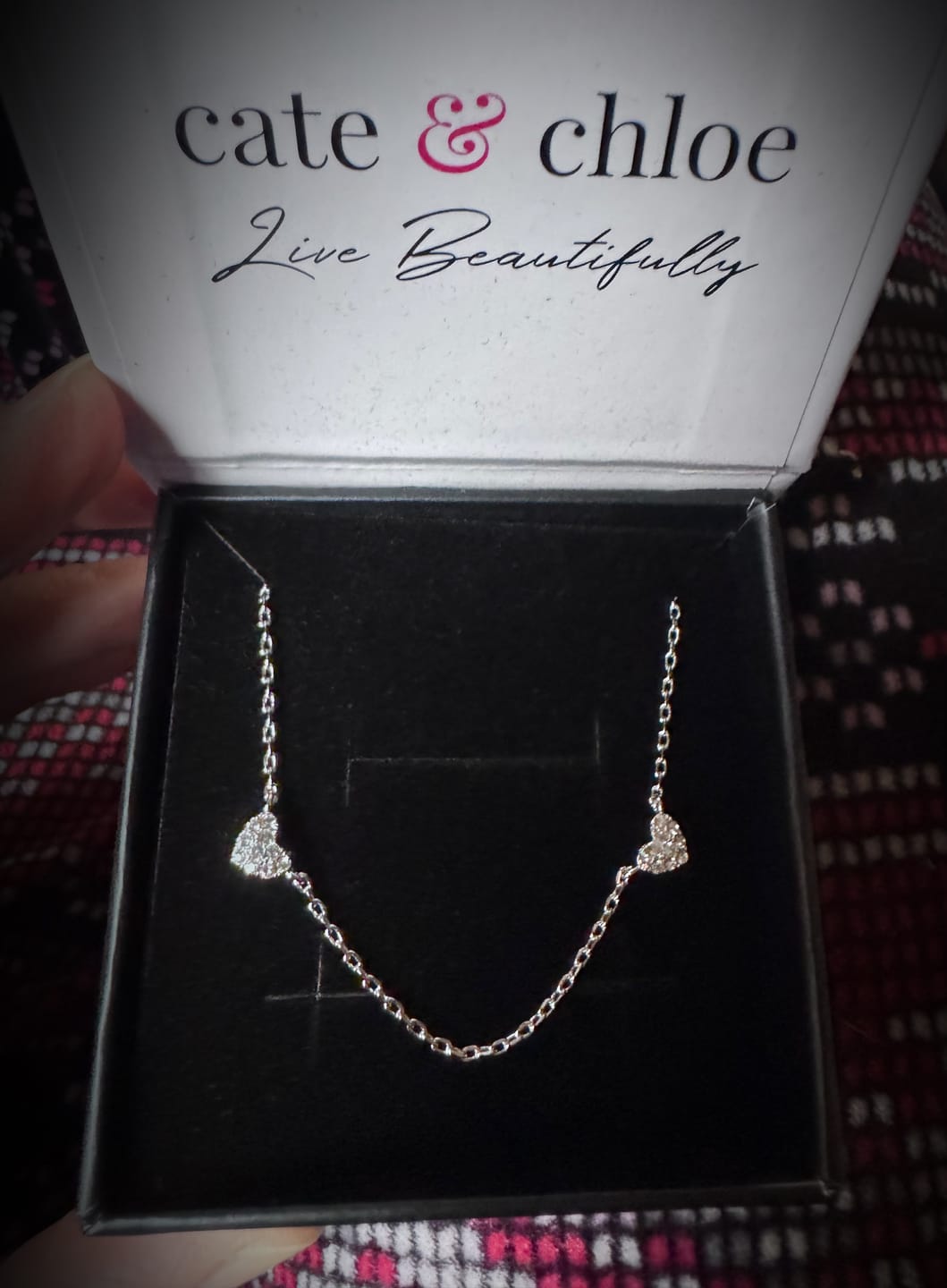 Customer photo review of Irene 18k White Gold Plated Heart Station Necklace with Swarovski Crystals