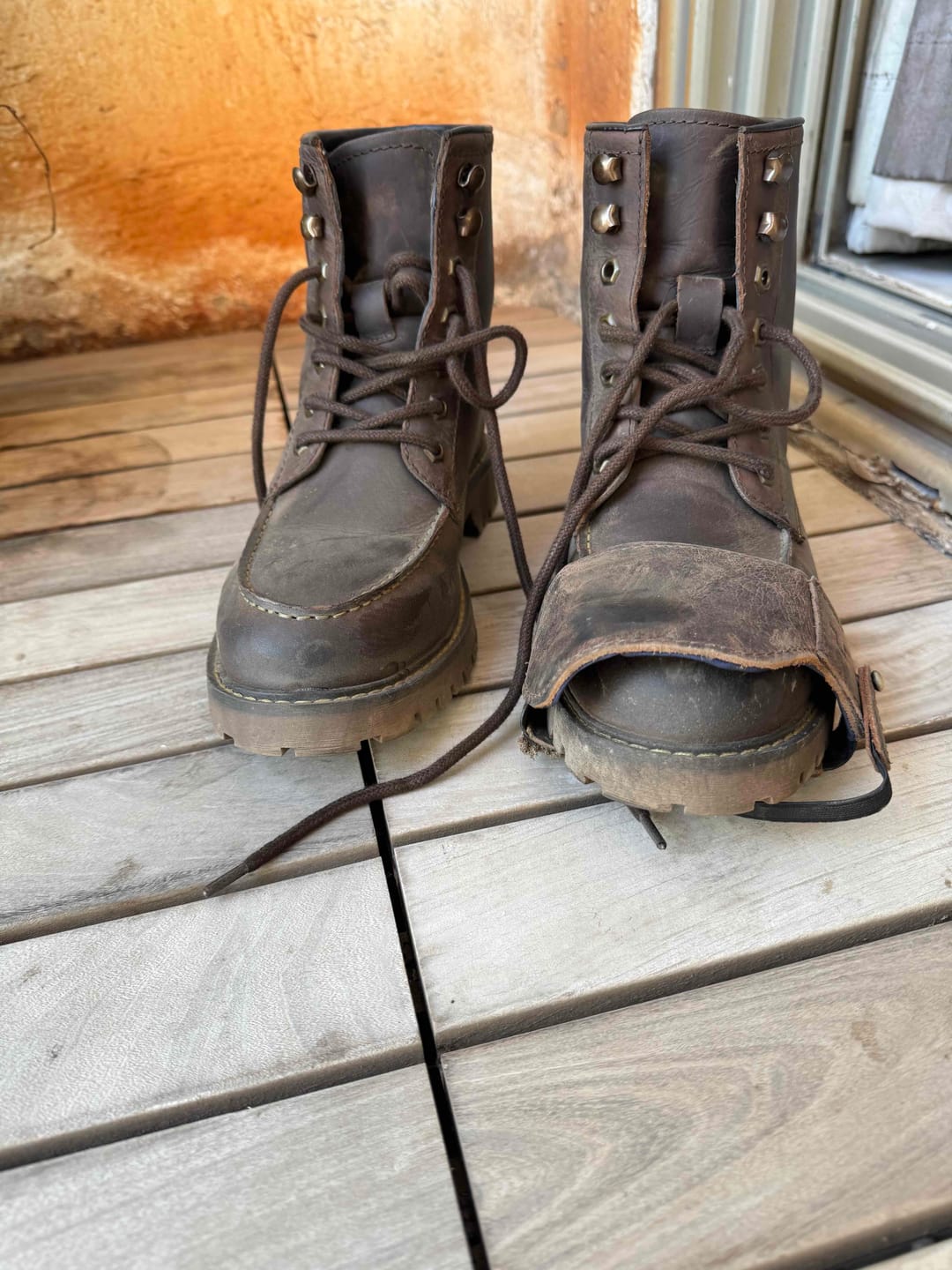 Customer photo review of boots moc-toe mocha with slip on shoe protector