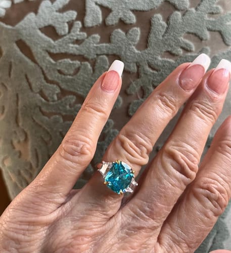 Customer photo review of Three Stone Long Cushion Cut Sapphire Sterling Silver Ring