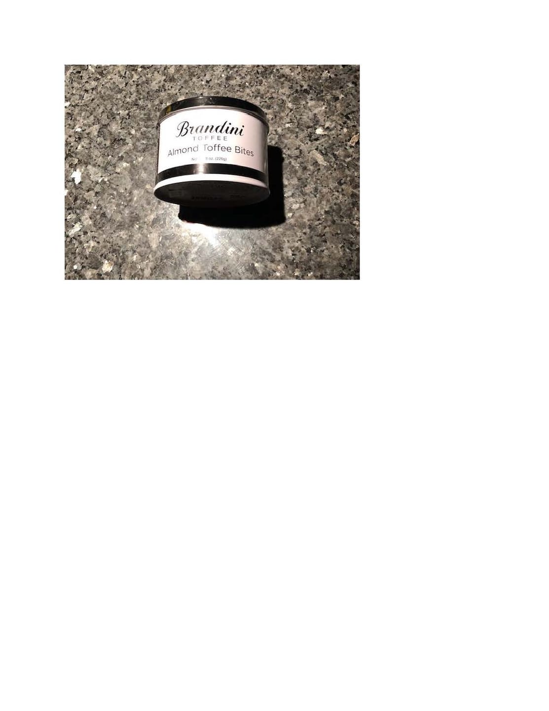 Customer photo review of 1/2 LB Tin Almond Toffee Bites