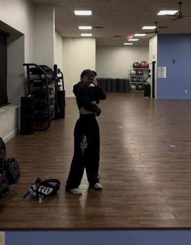 Customer photo review of Womens Luxe Rhinestone Banana Uncuffed Sweatpants [VOID BLACK]