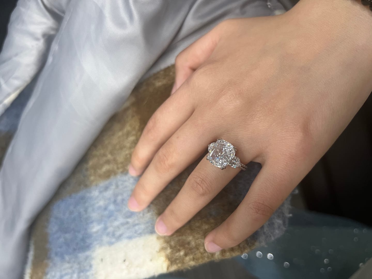 Customer photo review of S925 6.0Ct Cushion Cut Three Stone Engagement Ring Simulated or Moissanite Diamond Bridal Rings For Women