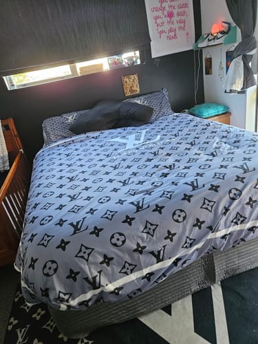 Customer photo review of louis Vuitton comforter set gray white black