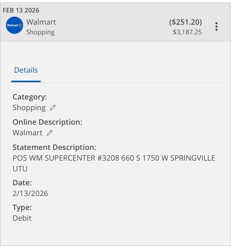 Customer's screenshot showing a digital receipt from a Walmart purchase.