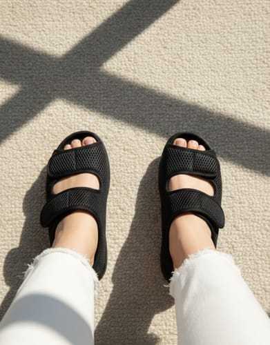 Reviewer's top-down view of their feet wearing the black Care Guard sandals with two adjustable straps.
