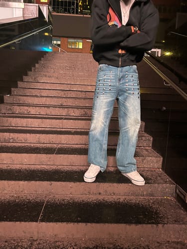 Customer photo review of Omirad Studded Wide-Leg Vintage Wash Jeans