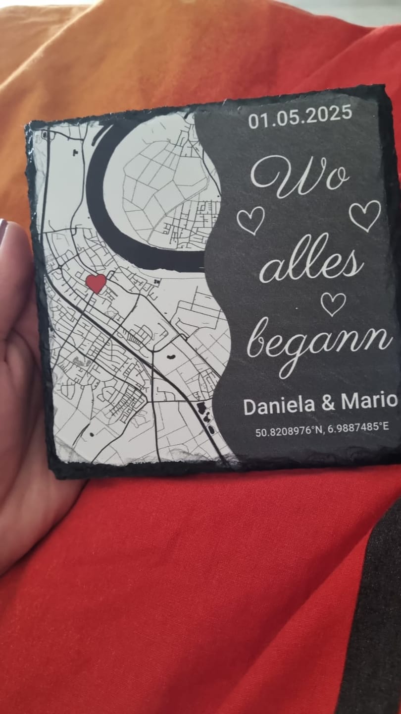Customer photo review of Wo alles begann - Personalisierte Schieferplatte (15x15)