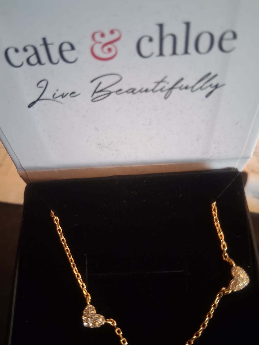 Customer photo review of Irene 18k White Gold Plated Heart Station Necklace with Swarovski Crystals