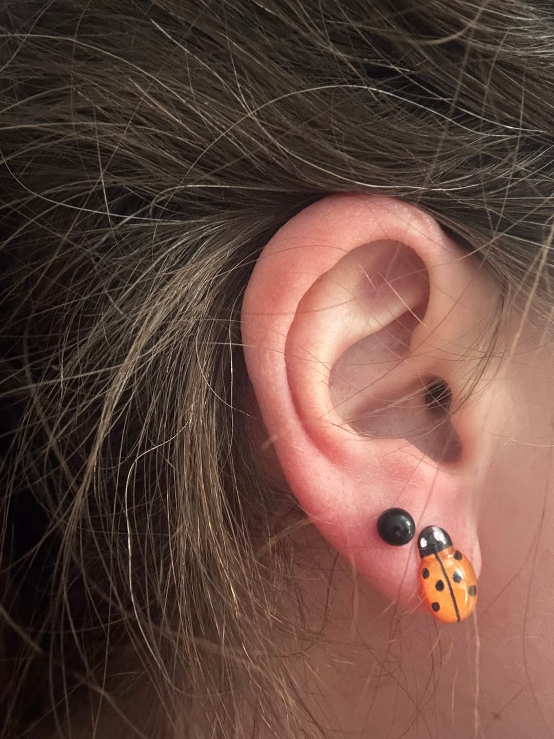 Customer photo review of Glassy Ladybug Studs