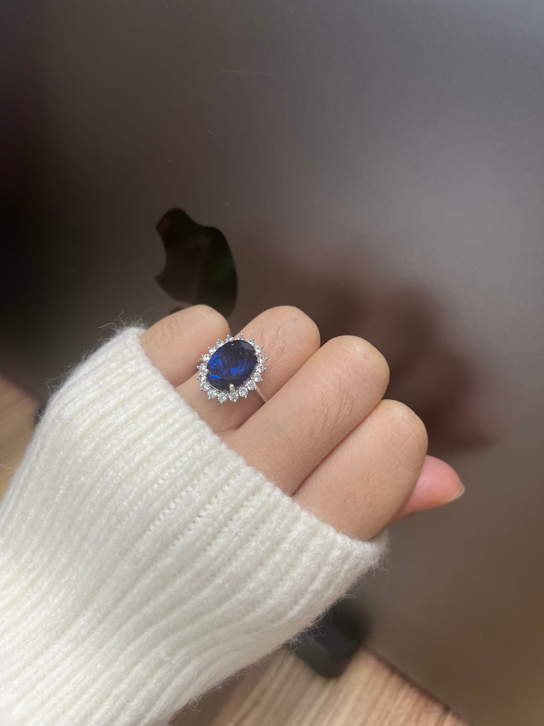 Customer photo review of 4.5 Carat Halo Oval Cut Blue/Red/Green/Yellow Sapphire Engagement Ring In Sterling Silver