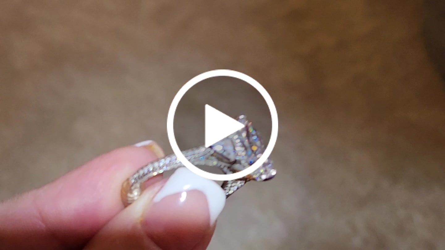 Customer video review of S925 5.0 Carat Radiant Cut White/Pink Three Stone Engagement Ring With Hidden Halo For Everyday Wear