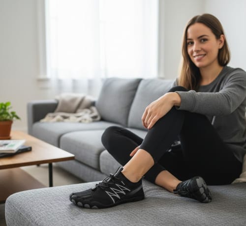 Reviewer sitting on a couch wearing black BareEase barefoot shoes.