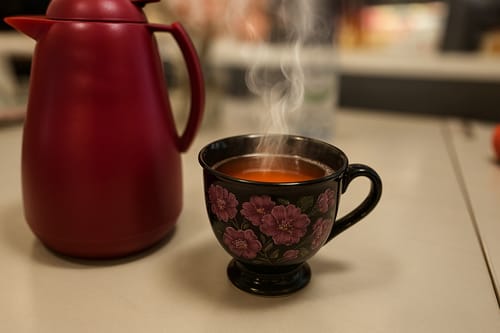 Kunde zeigt die Teetasse mit dunklem Blumenprint, gefüllt mit einem dampfenden Getränk.