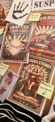 Customer's clue board for the Circus Murder Mystery Game Kit, showing character cards connected by red string.