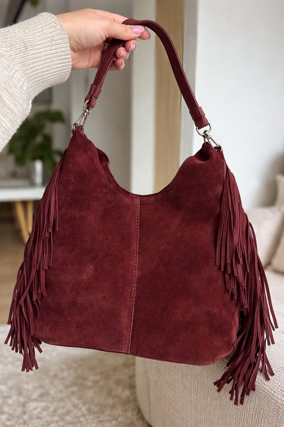 Customer photo review of Terra Püsküllü Yavrulu Süet Çanta – Bordo