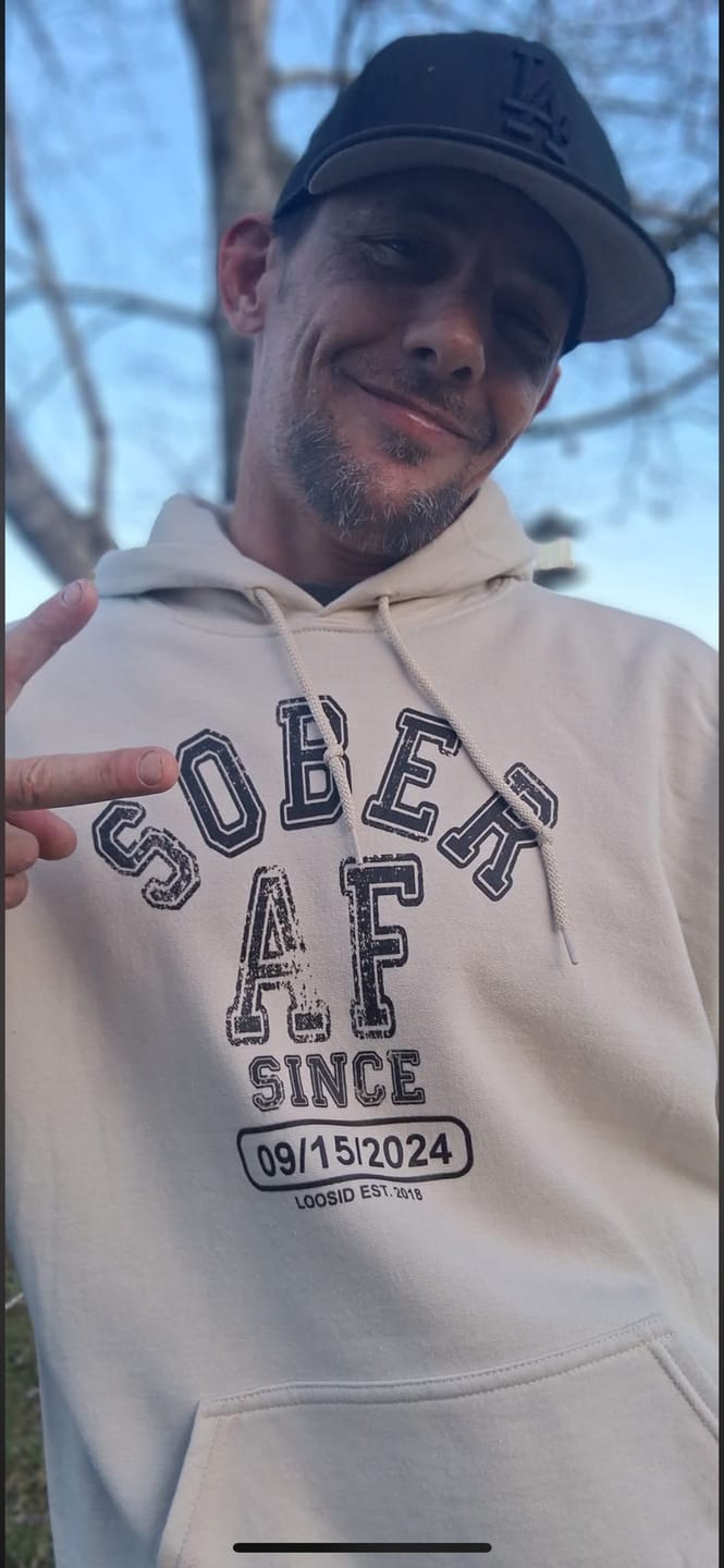 Customer photo review of Recovery Hoodie | Sober AF Since Unisex Hoodie with Custom Sobriety Date