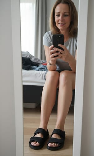 Reviewer takes a mirror selfie while sitting, showing the fit of the black Care Guard diabetic sandals.