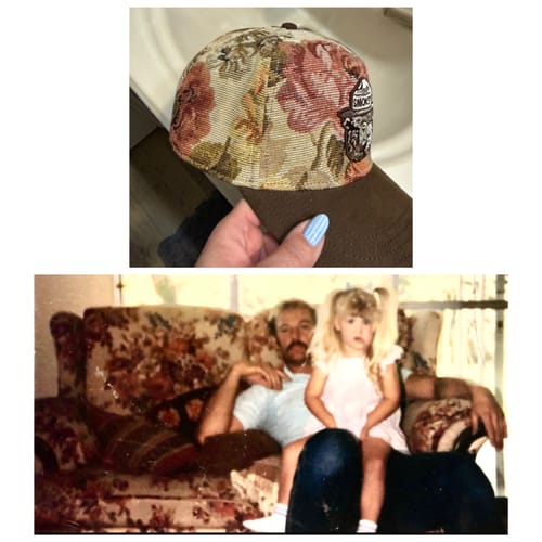 Customer compares the Smokey Bear hat's floral jacquard pattern to a couch in an old photograph.