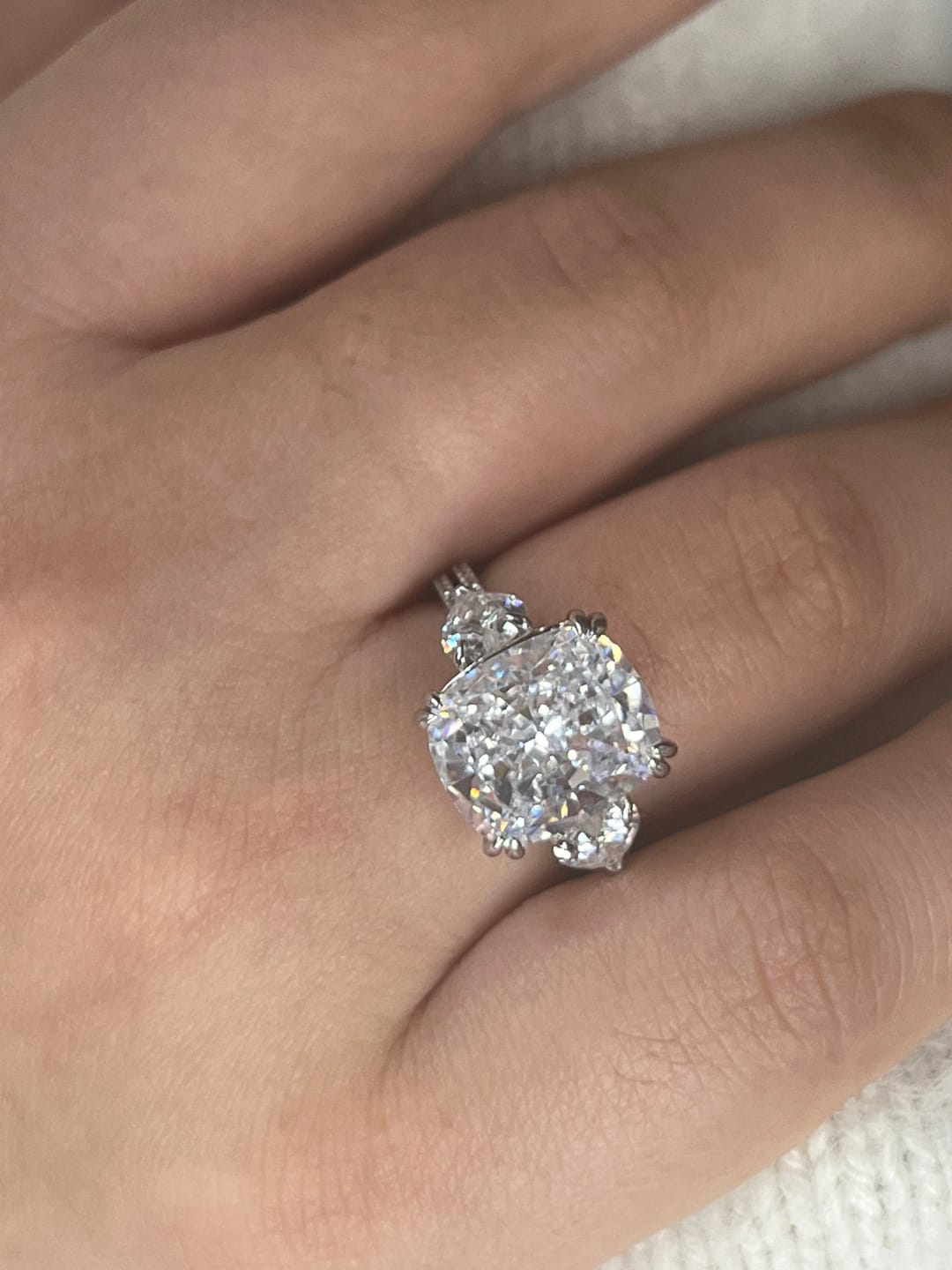 Customer photo review of S925 6.0Ct Cushion Cut Three Stone Engagement Ring Simulated or Moissanite Diamond Bridal Rings For Women