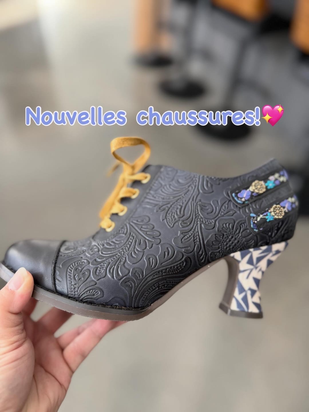 Customer photo review of Floral Embossed Lace-Up Heels