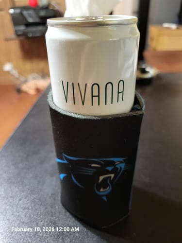 Customer's white can of Vivana Infused sitting in a black, logoed can holder.