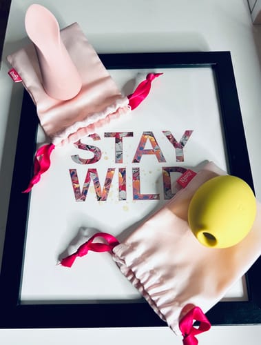 Customer's Beginner Bliss Bundle, showing the pink Uno and yellow Lem toys with their pink satin storage pouches.