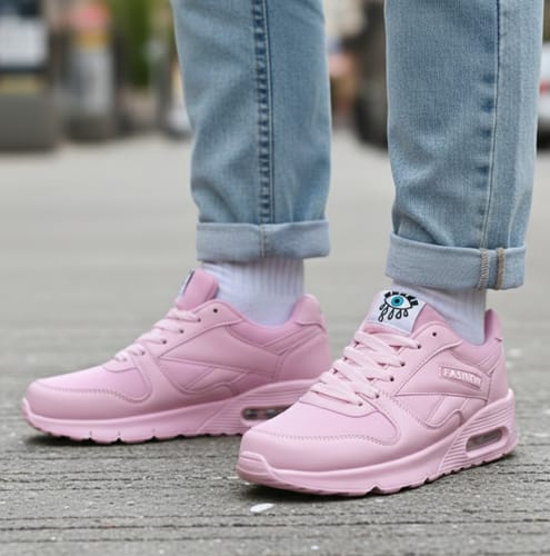 Reviewer wearing the pink Bliss Walk shoes with casual cuffed jeans on a sidewalk.