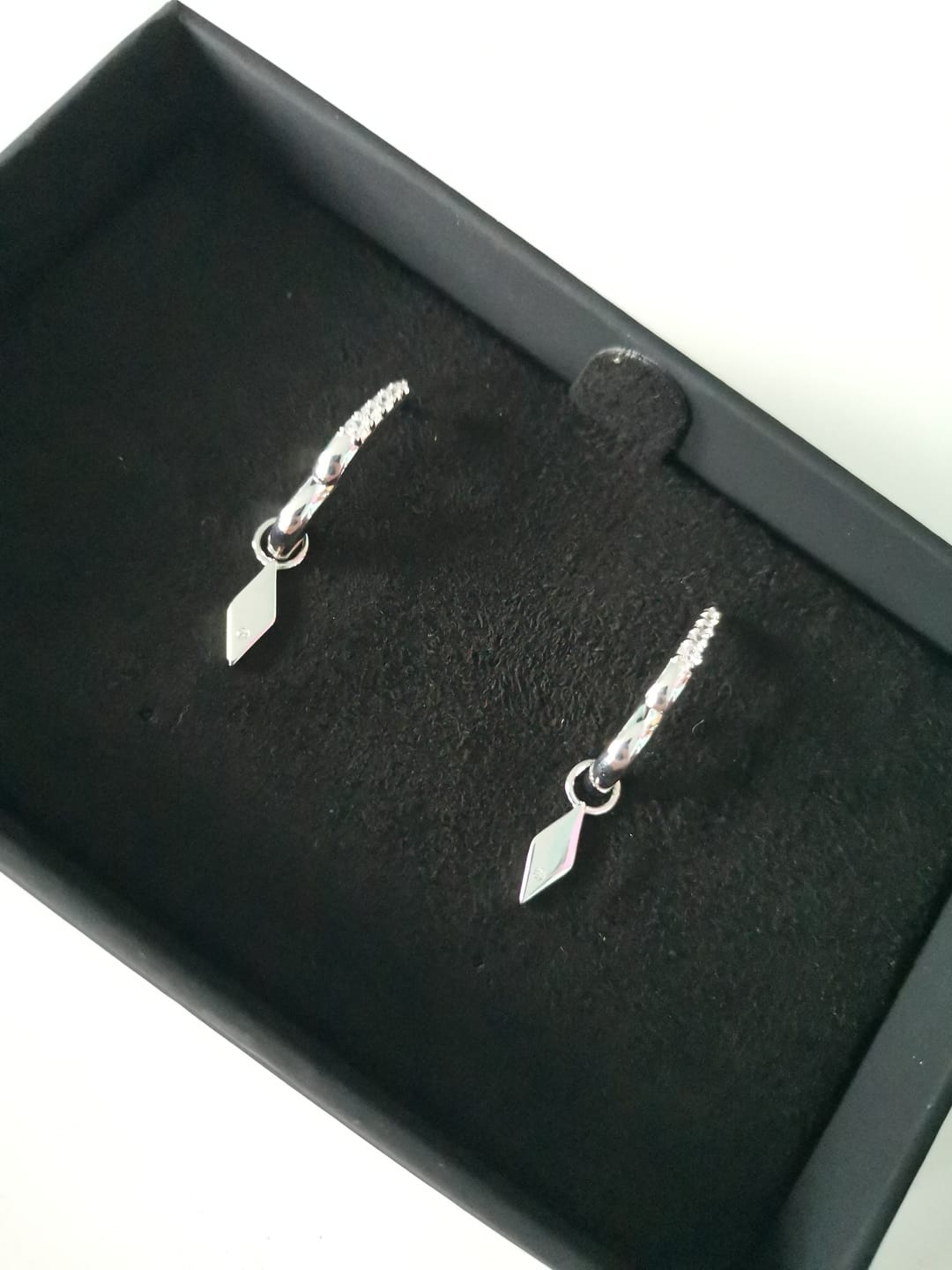 Customer photo review of Silver Diamond Shape Drop Hoop Earrings