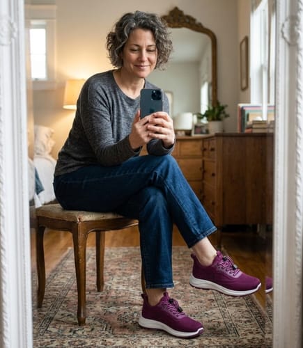 Reviewer taking a mirror selfie while sitting indoors, wearing purple Secure Walk 2.0 shoes.