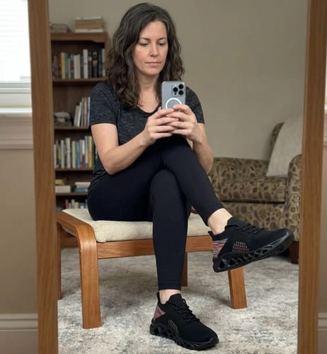 Reviewer taking a mirror selfie while sitting, showing off the black Ortho Step shoes with a casual outfit.