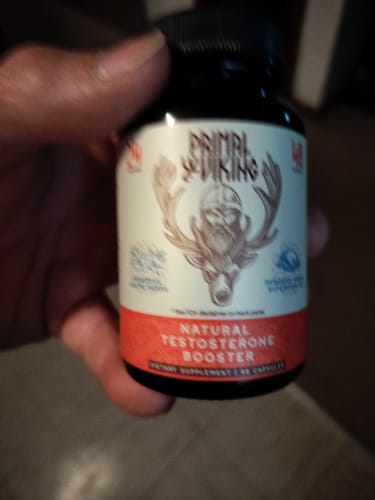 Close-up of a reviewer holding a bottle of Primal Viking Natural Testosterone Booster.