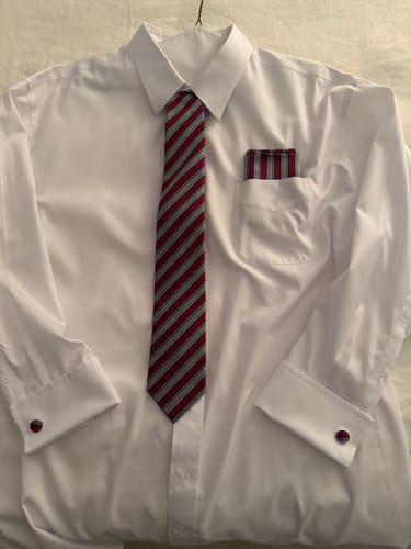 Customer photo review of Ties2you Mens Striped Business Necktie Burgundy Grey Silk Tie Pocket Square Cufflinks Set