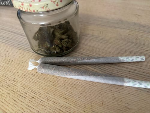 Rezensent zeigt zwei gerollte Joints und ein Glas mit Purple Haze Blüten auf einem Holztisch.