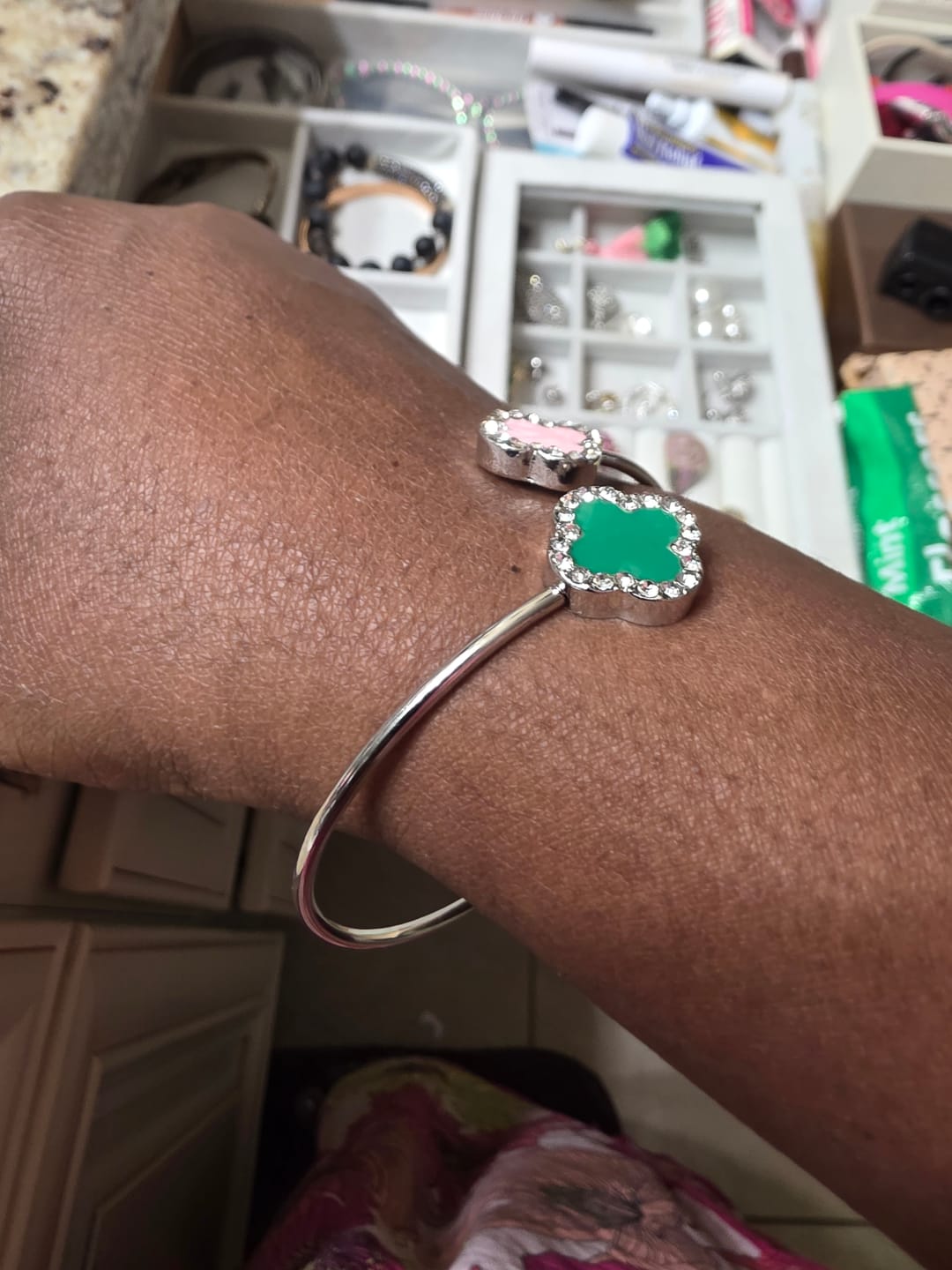 Customer photo review of AKA Sorority Pink Green Stone Clover Open Bangle