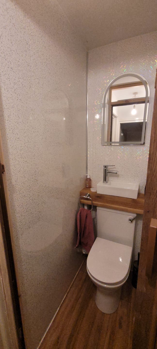 Customer photo review of 8mm Platinum White Sparkle Bathroom Wall Panel 2.6M