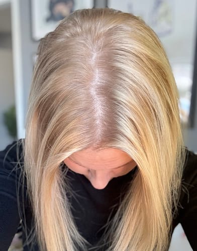 Reviewer showing their blended roots on blonde hair after using the Sunkissed Starter Kit.