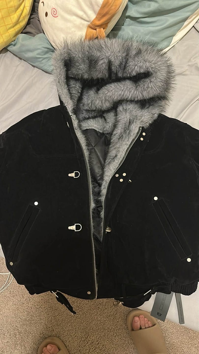 Customer photo review of Streetwear Metal Clip Faux Fur Hooded Suede Bomber Jacket