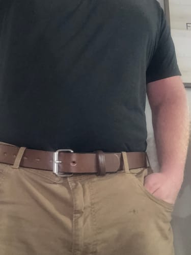 Customer wearing the heavy-duty brown Gunner belt with khaki pants.