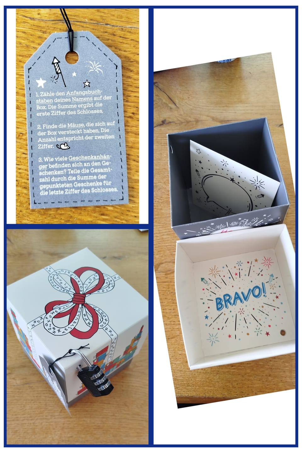 Customer photo review of Geschenkboxen 3er Set: Buchstaben-, Labyrinth- und Geschenke-Rätsel
