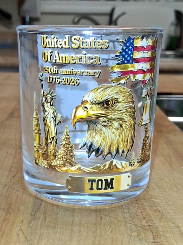 Customer photo review of 250th Anniversary - Personalized Bald Eagle Whiskey Glass