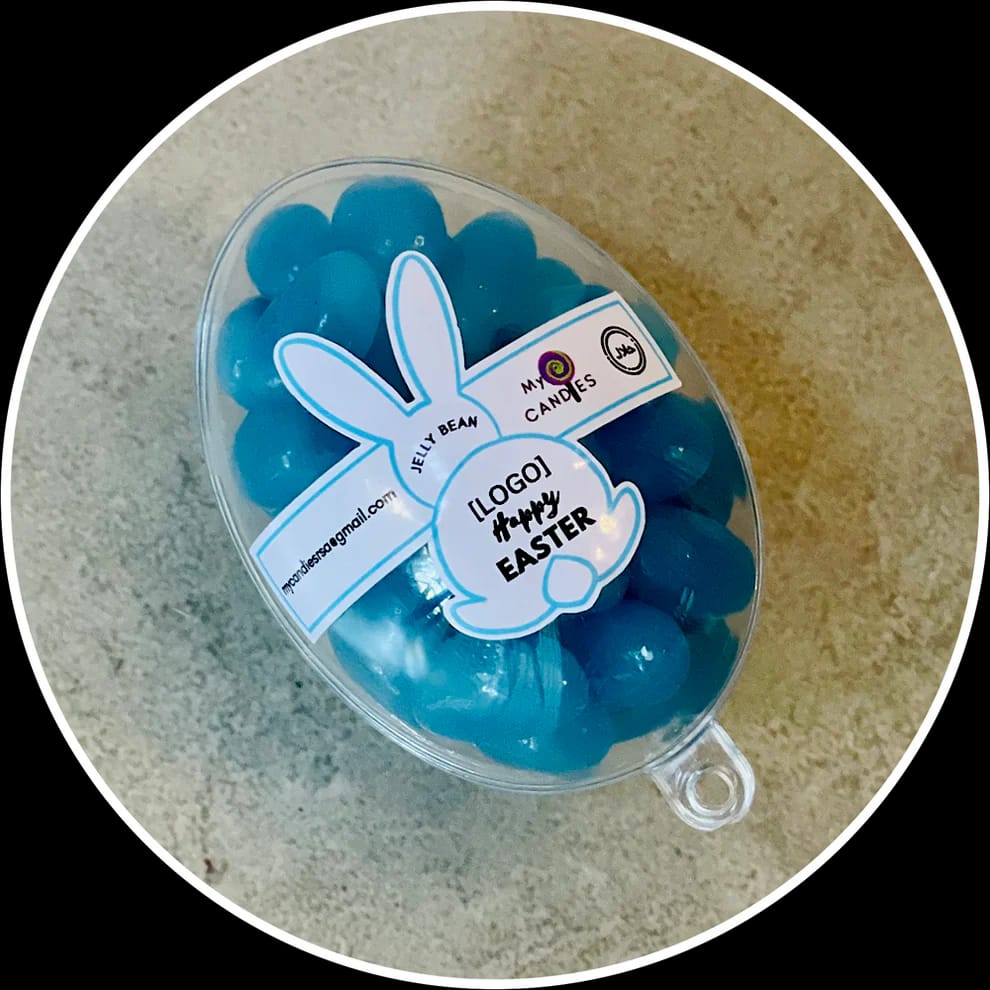 Customer photo review of Easter Jelly Bean Egg - Blue (Customize with your own Logo) Min Order 150